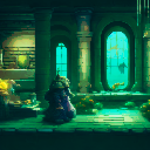 side-scrolling pixel character, navigating through an ancient Roman-inspired interior scene filled with enemies, jumping over water pipes and avoiding brick obstacles, all while surrounded by dark green and brownish pale architecture reminiscent of Romanism The character's cold tones and alarmed expression convey a sense of crisis, as if they are on a quest involving witchcraft in a fantasy RPG