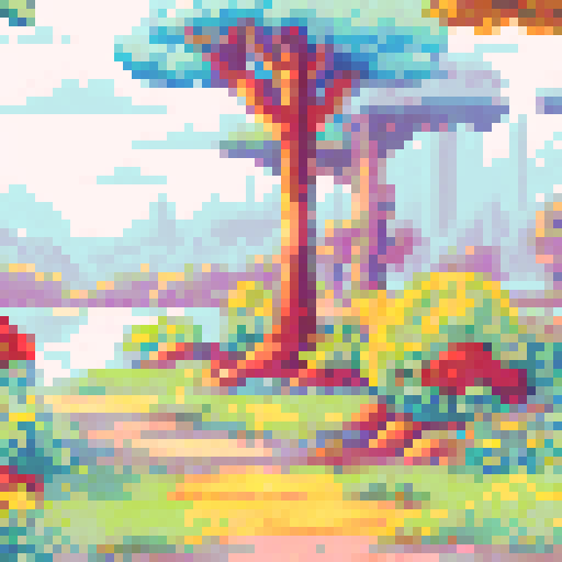 A vibrant, sun-kissed meadow with blooming wildflowers, towering trees, and a serene lake, all rendered in crisp, pixelated glory with a whimsical, retro-inspired color palette and a subtle, painterly background