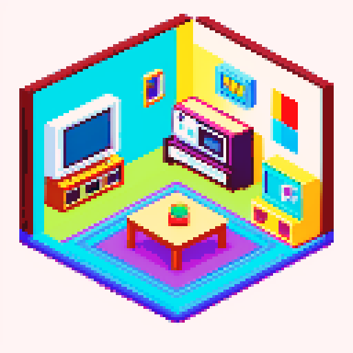 pokemon style orthographic 8-bit retro cozy living room, soft carpet below, flatscreen TV in the center, pixel art, sRGB