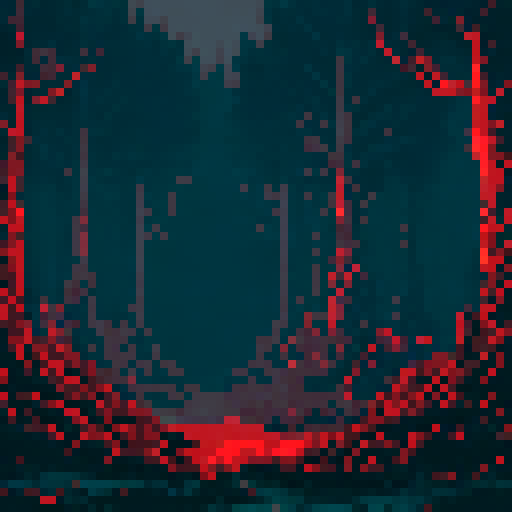 Scary, twisted trees with glowing red eyes, thick fog, eerie moonlight, creepy creatures lurking in a pixel art forest, sRGB, pixel art, background, landscape