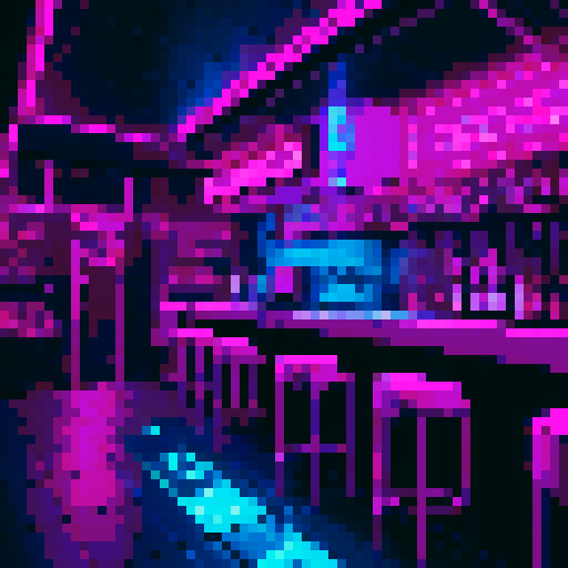 Create a pixel art illustration of a cyberpunk bar with a detailed bar counter. The scene should have a side-scroll perspective, capturing the bustling atmosphere typical of 2D games. Make sure to include neon lights, futuristic decor, and characters interacting within the bar. The image should have a trendy and stylish aesthetic, reflecting the vibrant and edgy nature of the cyberpunk genre.