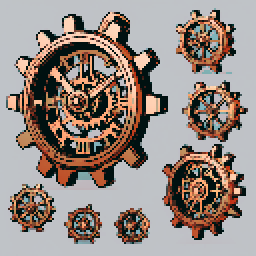 I want a copper gear that looks like it was made by a master clockmaker. It should have strange mechanical details that could interlock with each other. I also want this object usable an asset in a videogame, meaning only one object per image, outlined with a strong black stroke, on a solid-color background.