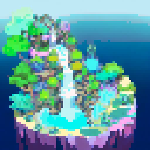 Large waterfalls with extensive plant growth and a pool that emits a feint blue light. 