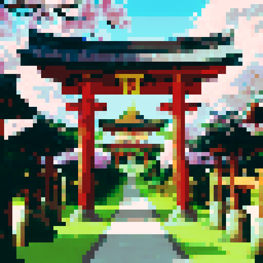 golden shinto shrine, shinto gate, golden gate, majestic and towering, adorned with intricate golden decorations and trim, set against a breathtaking pixel art background depicting a serene and vibrant landscape, with a shimmering golden chest nestled at its base