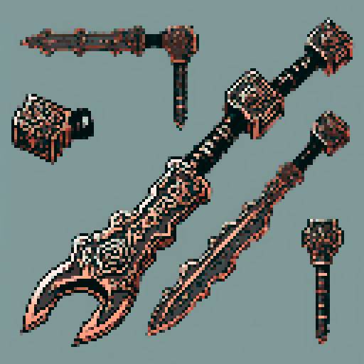 I want a copper structure reminiscent of an ancient magical chainsaw. It should look huge (10 meters long at least), very complex and expensive, and very old. I also want this object usable an asset in a videogame, meaning only one object per image, outlined with a strong black stroke, on a solid-color background.