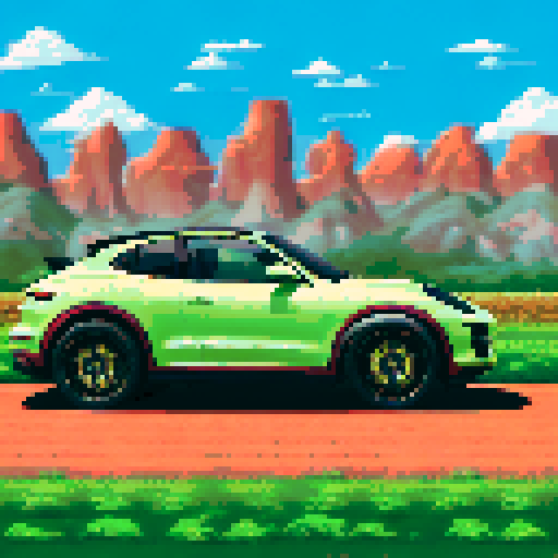 Photorealistic whole Porshe Cayenne, centered, three-quarter view, right front wheel, clean background, sRGB colors, pixel art style