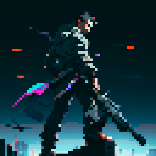 Game character rogue-like game with 2d platformer view, regular guy with a gun, cyberpunk, gray background, 16-bit, controls time, fires from gun, shooting, firing