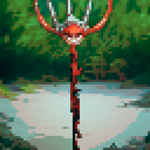 fleshy creature with a thorny iron crown and tuning forks for hands and feet that hovers above the ground