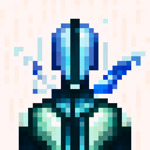 armoured warrior, futuristic pistol, pixelated details, vibrant colors, intense gaze, detailed helmet, shiny metallic surface, intricate engravings, heroic stance, dynamic pose, dramatic lighting, immersive game world, skillfully crafted textures, captivating character design