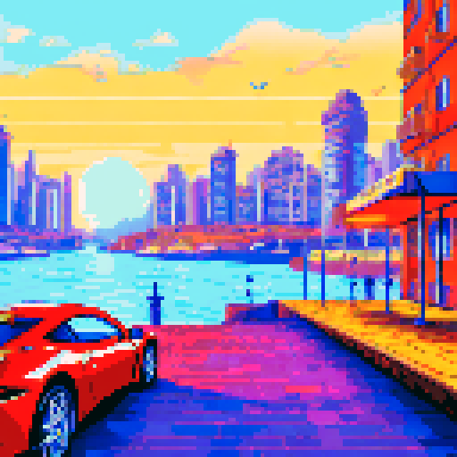 Monaco's glittering harbor nestled amidst towering skyscrapers, a sleek red Ferrari zooming past the roaring crowd, the sun-drenched coastline glittering in the background, all captured in vibrant pixelated glory