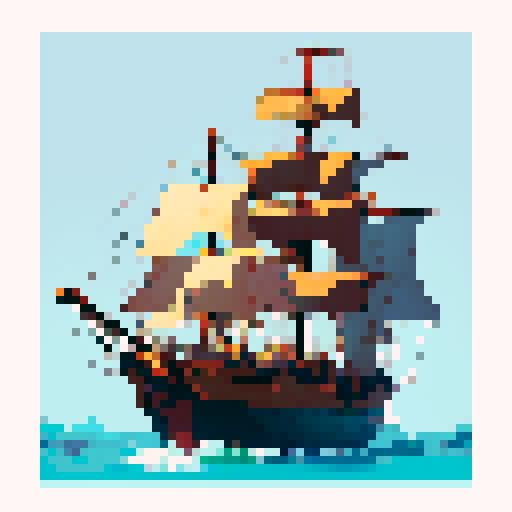Pirate ship, large cannons, two white square sails, facing North, 3/4 view, transparent background, sRGB, pixel art
