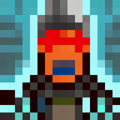 Man with wide, piercing eyes and messy hair, wearing a red bandana and blue shirt, against a dark background, rendered in retro 16-bit pixel art, for a video game icon