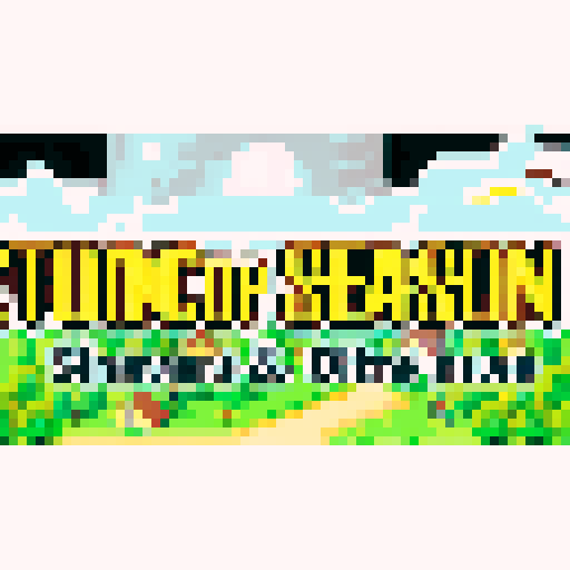 Sunshire title screen farming town, large mountain with small dragons flying around, fire-like text, sRGB, pixel art, background, landscape