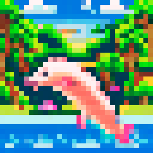 a pink dolphin jumping in a river in the middle of a rainforest