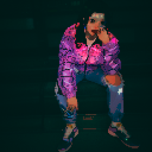 Tokyo skyline with towering neon-lit skyscrapers, retro arcade machines glowing in pastel hues, glitchy pixelated cherry blossoms, a cyberpunk girl with flowing holographic hair, floating sushi rolls with vaporwave aesthetics, and a glowing pink and purple vending machine filled with futuristic holographic drinks