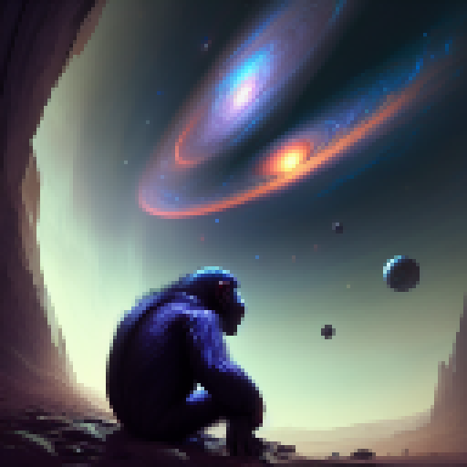 Chimp gazes at awe-inspiring landscape of galaxies, stars, and planets, evoking a sense of melancholy in a Fantasy RPG style.