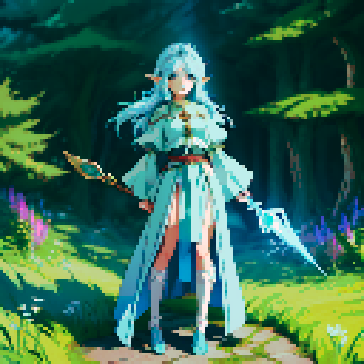 a light blue hair colored elf girl with green eyes, job class mage, age 16 , standing ,holding wood wand
