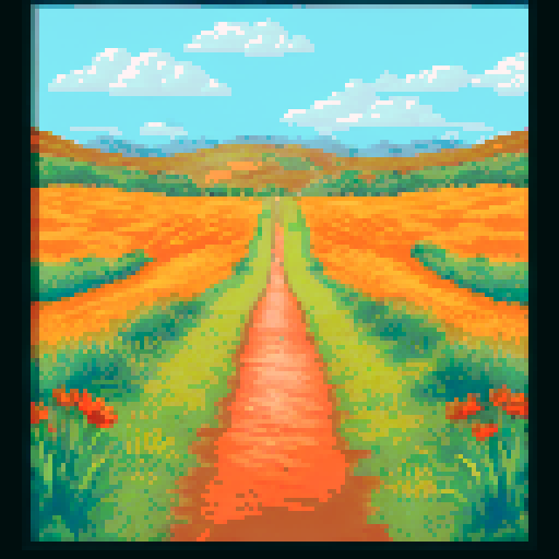 Rolling hills of golden grass, dotted with vibrant wildflowers and framed by a clear blue sky, stretching out into the distance in a pixel art style