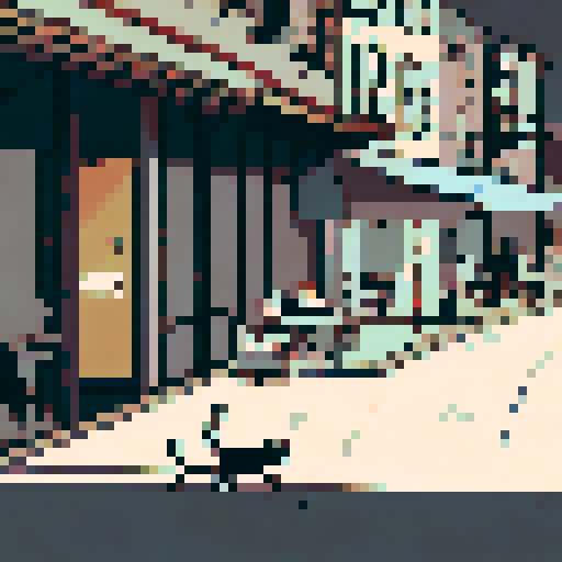 Cafe location on a curved road with tables and a cat walking by