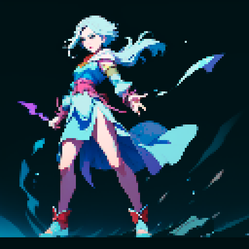 full-body art, sorceress with four arms, blue skin, facing right, ready to fight, surrounded by colorful magic, pixel art, sRGB