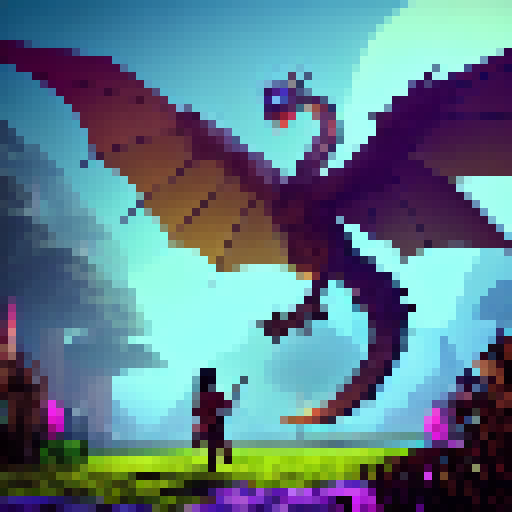 Minecraft warrior with enchanted sword, riding a winged dragon through a mystical forest with glowing mushrooms and a towering castle in the distance.