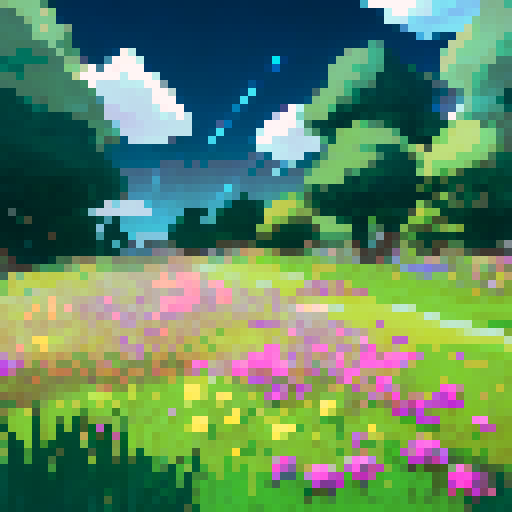 A flower field with clouds in the sky. 