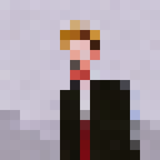 Rick Astley's spiky, blonde hair, framed by a vibrant red background, evokes a sense of nostalgia in this pixelated, 16x16 game icon-style portrait, where his infectious smile and twinkling blue eyes take center stage