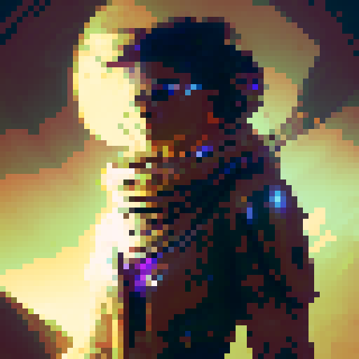 Brave warrior of the sandy desert, adorned in flowing robes and ornate armor, poised to strike with a fierce blade, surrounded by swirling neon sandstorms in a futuristic, cyberpunk art style.