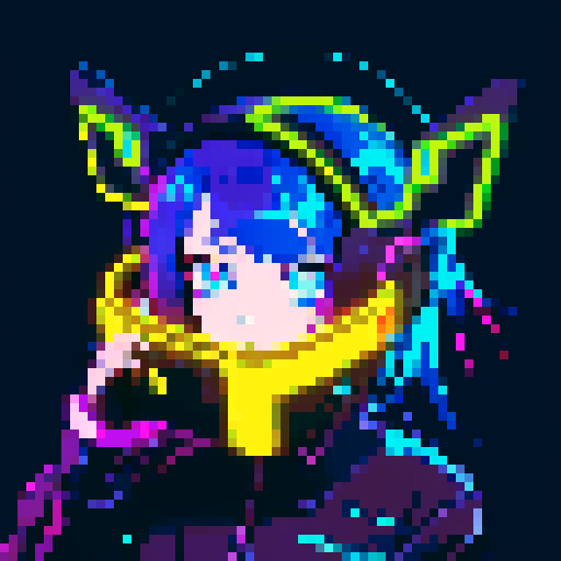 cyberpunk anime girl hacker, vibrant neon colors, futuristic cityscape backdrop, glitchy pixel art aesthetic, 16-bit animation style, glowing LED tattoos, pixelated holographic interface, electric blue hair, cybernetic augmentations, glowing cyber eyes, virtual reality headset, digital code flowing around her, futuristic cyberpunk fashion