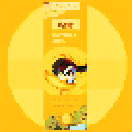 Close-up anime-style pixel art portrait of a juicy, ripe mango exploding into a vibrant splash of golden yellow and orange, with droplets of sweet nectar and pulp flying through the air.