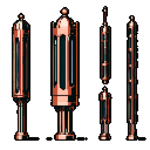 I want a tall vertical copper structure reminiscent of a organ pipe. It should have strange mechanical details that could interlock with each other. I also want this object usable an asset in a videogame, meaning only one object per image, outlined with a strong black stroke, on a solid-color background.