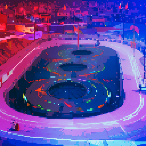 Racing cars zooming around a vibrant, pixelated racetrack, with colorful flags waving and spectators cheering