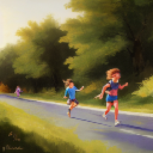 Two young adventurers running across a busy city road, with oncoming cars approaching.