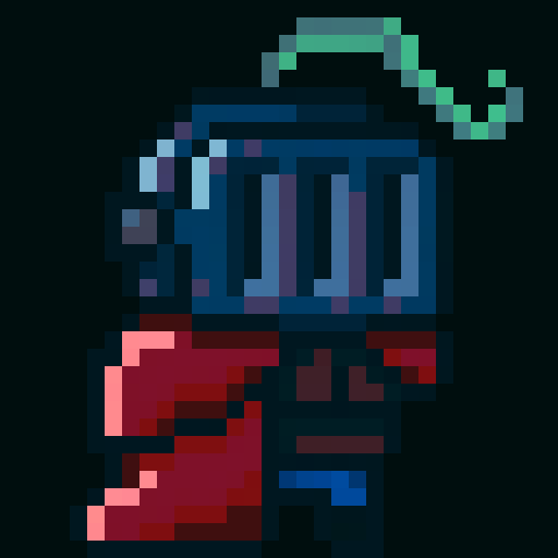A simplistic chibi knight with a crimson cape and emerald ornamental feather on his helmet