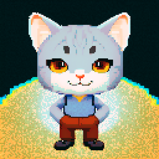 antropomorphic gray cat guy, smiling, brown pants