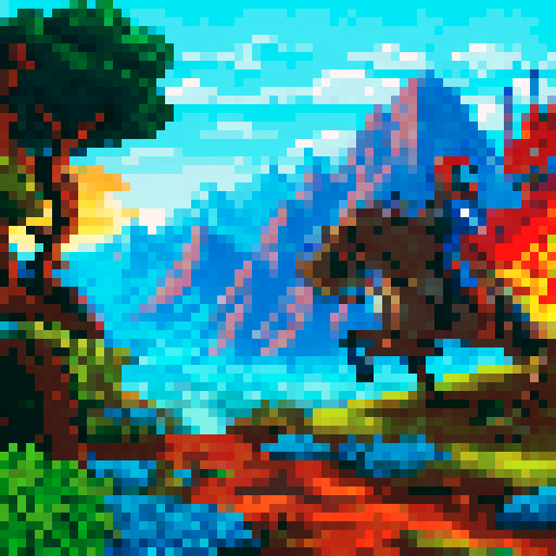 Armored knight on horseback charging towards a fiery dragon, with a sprawling mountain range and misty forest in the background