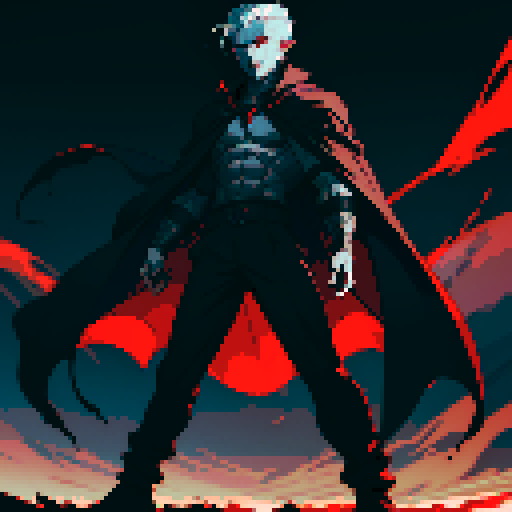 full-body image, male vampire final boss, dark and brooding, glowing red eyes, sharp fangs, pale skin, flowing black cape, menacing stance, intricate details, sRGB, pixel art