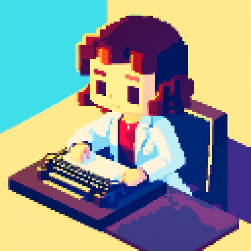 scientist, desk, typewriter, pixel art, sRGB, focused, lab coat, table, desk , front view