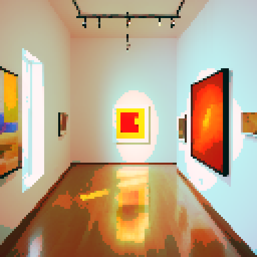 a warm and cozy art gallery with several paintings in view. something akin to the MOMA
