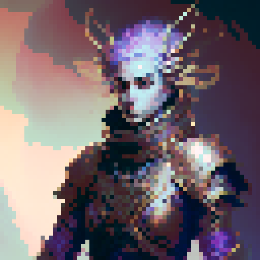 character, concept art, concept, knight, clad in ornate, metallic armor adorned with intricate engravings and filigree, grasping a two-handed sword, purple sky, gold, green, metalic blue