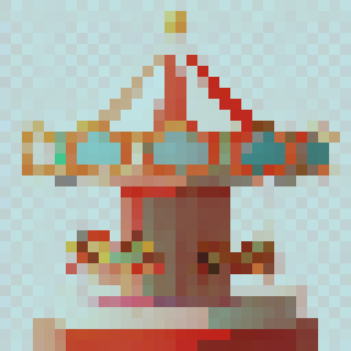 Carousel horse with vibrant colors, whimsical style, patterned saddle, flowing mane, sparkling eyes, ornate bridle, textured wood, golden accents, shining pole, skillfully crafted 32x32 pixel art, sRGB, close-up portrait of a game icon