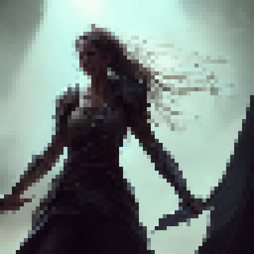 A fierce warrior woman, wielding a glowing sword, emerges victorious from a crumbling, dark fortress, leaving behind the chains of her emotional scars and the light of freedom shining down on her.