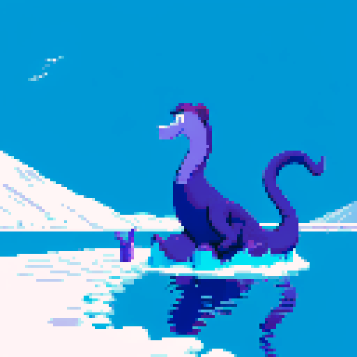 Large purple smiling loch ness monster silhouette swimming, poking its head out of frozen lake, winter, monkey on top