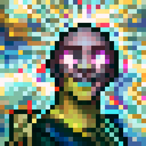 A pixelated portrait of a euphoric gamer with glowing eyes, sweat dripping down their forehead, and a wide grin on their face, surrounded by skill icons and power-ups, all in the vibrant hues of sRGB