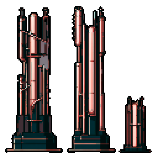 I want a tall vertical copper structure reminiscent of a organ pipe. It should have strange mechanical details that could interlock with each other. I also want this object usable an asset in a videogame, meaning only one object per image, outlined with a strong black stroke, on a solid-color background.