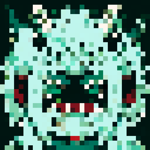 demon monster head with teal skin and fiery eyes, large mouth, ugly teeth, close up character portrait, anime style, pixel art