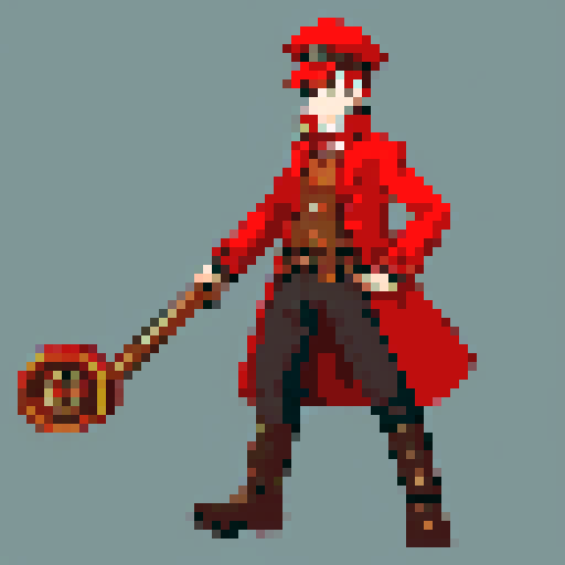 steampunk young man, red coat, red hat, 2D game stance, pixel art, sRGB