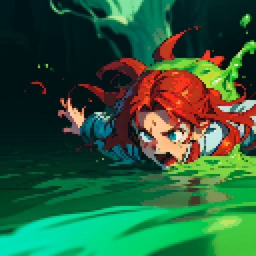 hero sinking into slime, hero drowning in slime, hero has red hair, hero has silver armor, reaching up, panic, sinking deep into slime