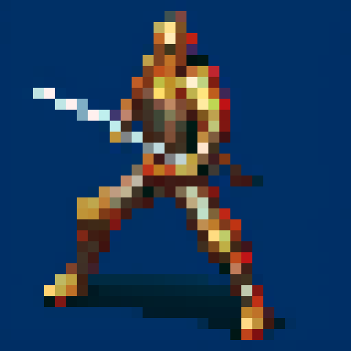 pixel art picture of a human male knight swinging a great sword with both hands, vibrant colors, detailed shading, and smooth lines, heavy armor, combat stance, muscular build, armored helmet, deep red and gold armor, detailed sword, detailed shading, smooth lines