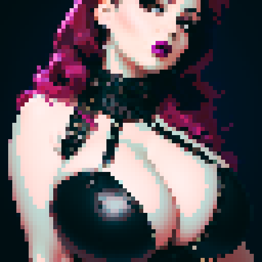 curvy, busty goth babe with studded collar. Full head portrait. big titty goth, in a close up glamour shot. Wearing Halter top. Vivid gif colors